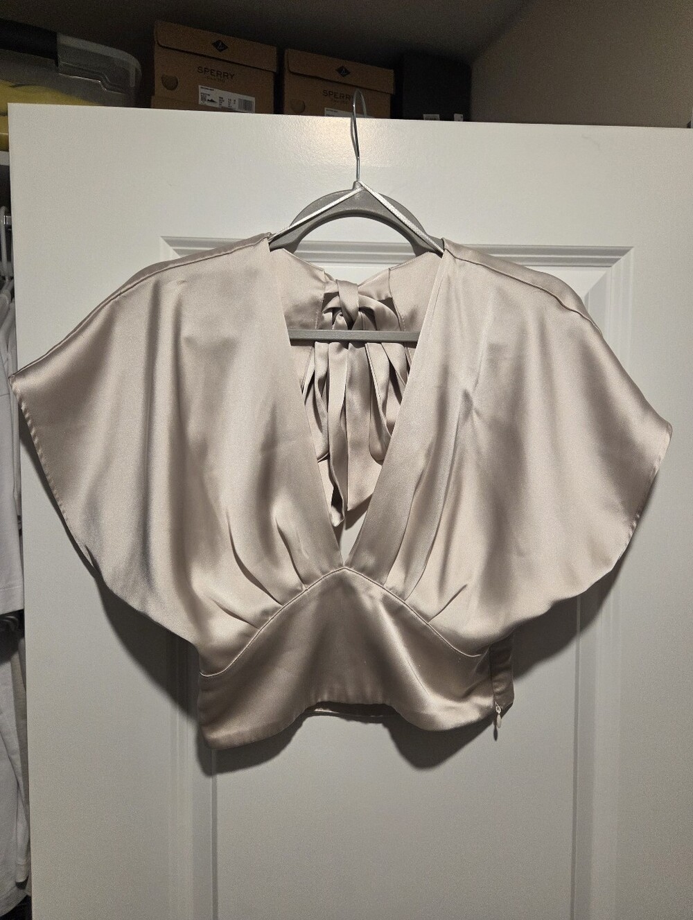 Satin V-Neck Tie-Back Crop Top in Light Champagne